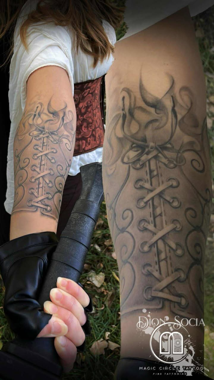 Warriors Brace Influenced by Elvish Lore - Black & Gray Tattoo by Dion Socia - Magic Circle Tattoo Bay City Michigan