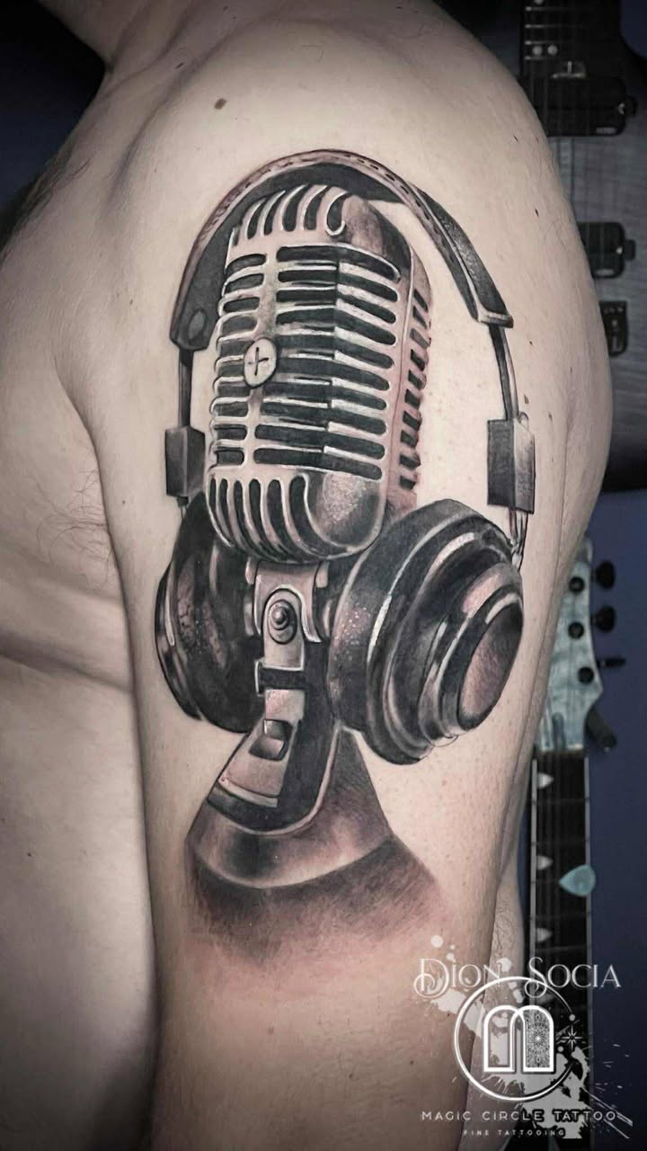 Vintage Microphone - Black & Gray Cover-Up Tattoo by Dion Socia - Magic Circle Tattoo Bay City Michigan