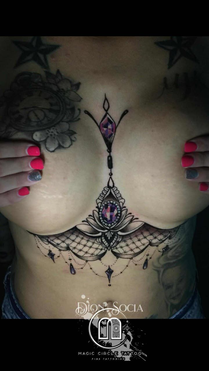 Ornamental Sternum Piece - Black & Gray with Colored Gems Tattoo by Dion Socia - Magic Circle Tattoo Bay City Michigan
