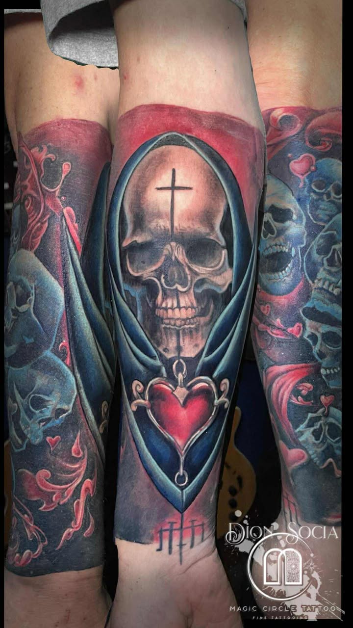 Memento Mori and Sacred Heart Tattoo - Illustrative Tattoo by Dion Socia - Magic Circle Tattoo Bay City Michigan